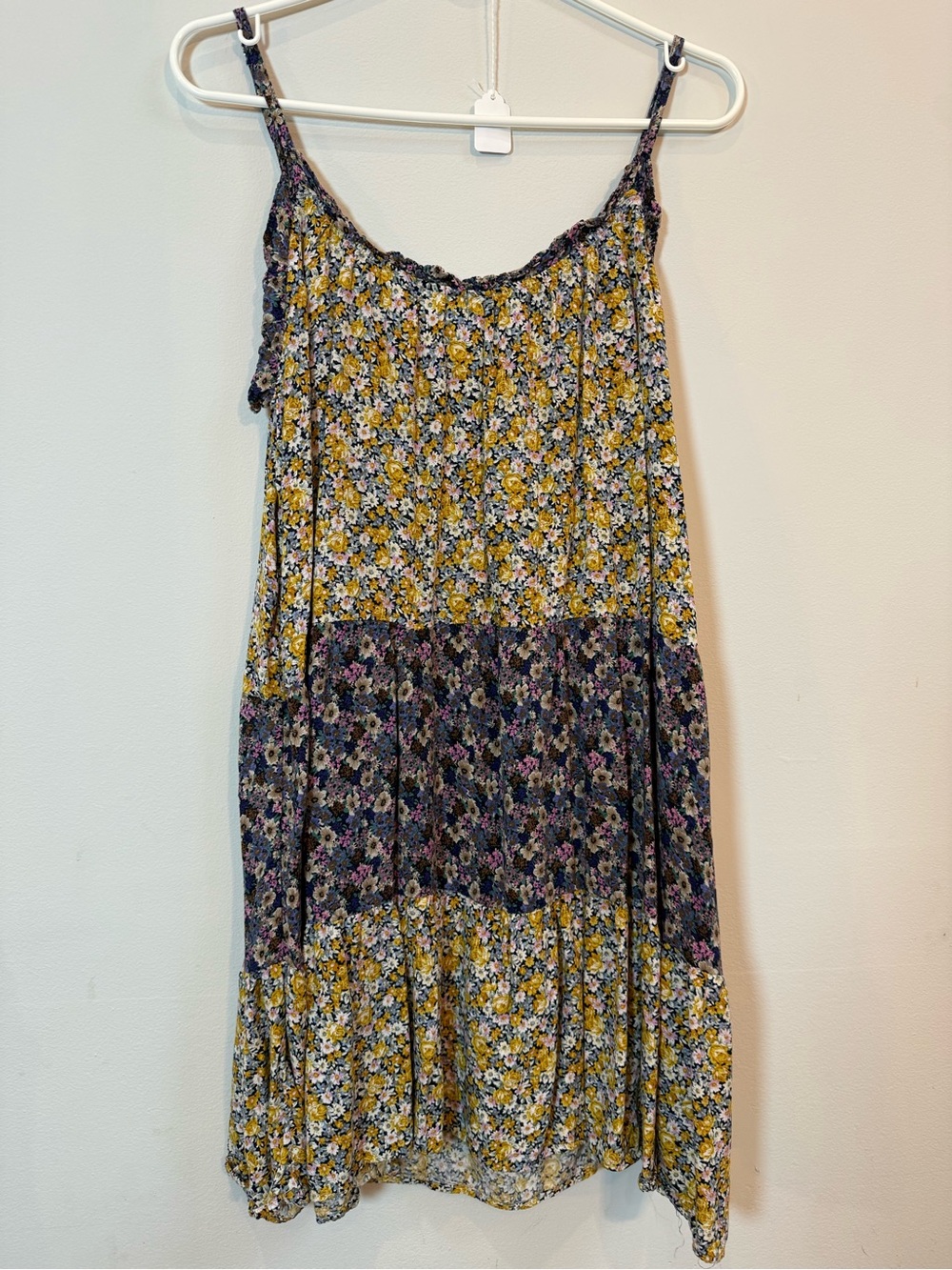 Natural Life Floral Tiered Spaghetti Strap Sundress in Mustard and Navy
